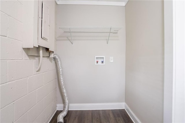 5795 Deerfield Trl, Atlanta, GA 30349 - washroom featuring dark wood-style floors, hookup for a washing machine, baseboards, and electric panel