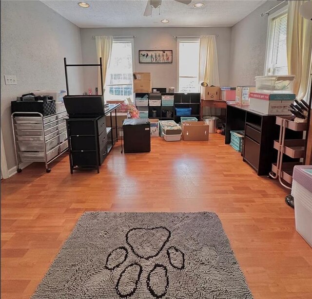 5624 Ryan Way, Flowery Branch, GA 30542 - office area featuring a ceiling fan, light wood-style flooring, a textured ceiling, and recessed lighting