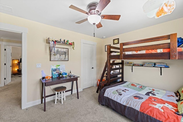 bedroom featuring visible vents, ceiling fan, baseboards, and carpet