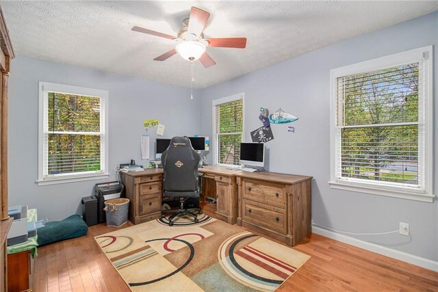office area featuring ceiling fan, baseboards, wood finished floors, and a textured ceiling