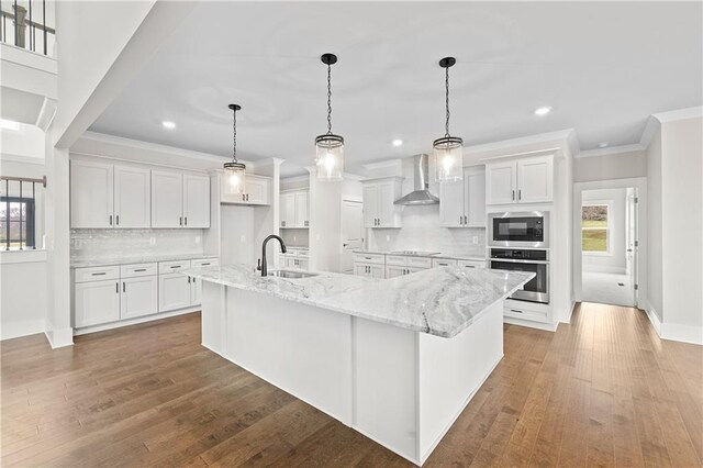 171 Blue Rider Trl, Hoschton, GA 30548 - kitchen with a sink, black electric cooktop, stainless steel oven, wall chimney exhaust hood, and a spacious island