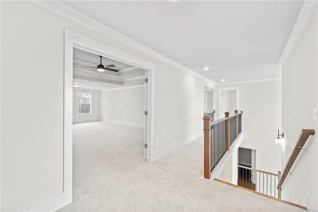 171 Blue Rider Trl, Hoschton, GA 30548 - hall with carpet floors, recessed lighting, baseboards, an upstairs landing, and ornamental molding
