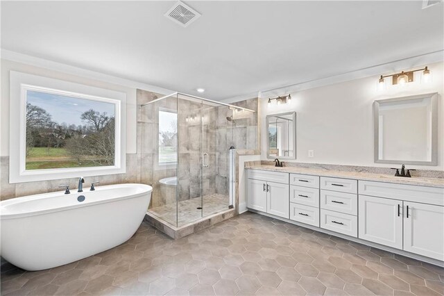171 Blue Rider Trl, Hoschton, GA 30548 - full bathroom featuring visible vents, double vanity, a soaking tub, a sink, and a stall shower
