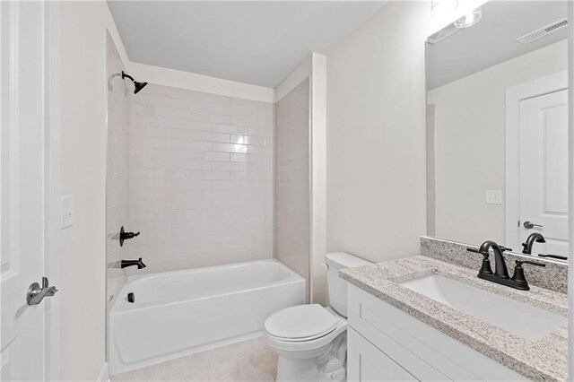 171 Blue Rider Trl, Hoschton, GA 30548 - bathroom with visible vents, vanity, shower / bathtub combination, toilet, and tile patterned floors