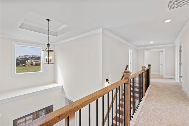 171 Blue Rider Trl, Hoschton, GA 30548 - corridor featuring crown molding, light colored carpet, recessed lighting, an upstairs landing, and visible vents