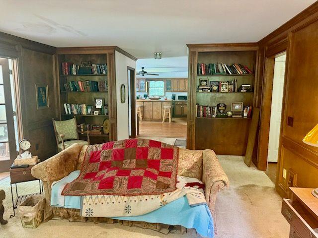 408 Hasty Trl, Canton, GA 30115 - dining room featuring carpet flooring, built in shelves, and ceiling fan