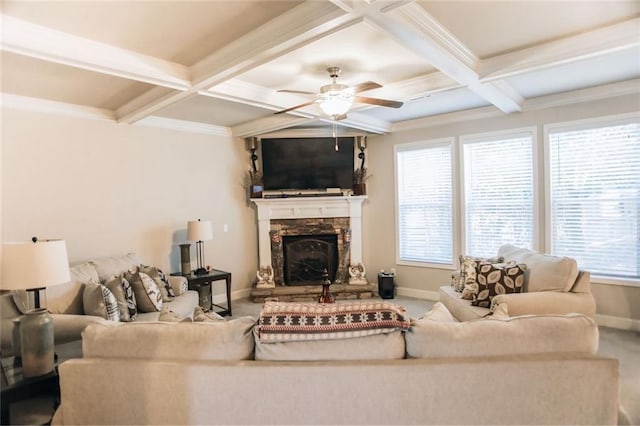 carpeted living room featuring ceiling fan, coffered ceiling, a fireplace, baseboards, and beamed ceiling