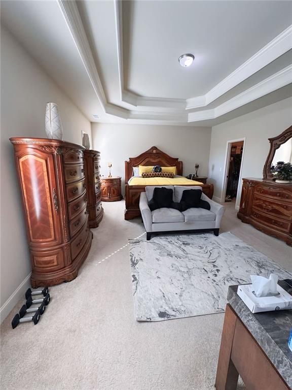 bedroom with a tray ceiling, a walk in closet, ornamental molding, carpet flooring, and baseboards