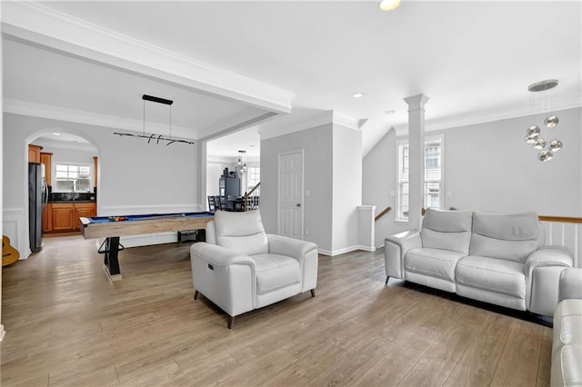 2207 Concordia Way SE Unit 12, Mableton, GA 30126 - living area featuring light wood finished floors, pool table, recessed lighting, crown molding, and a chandelier