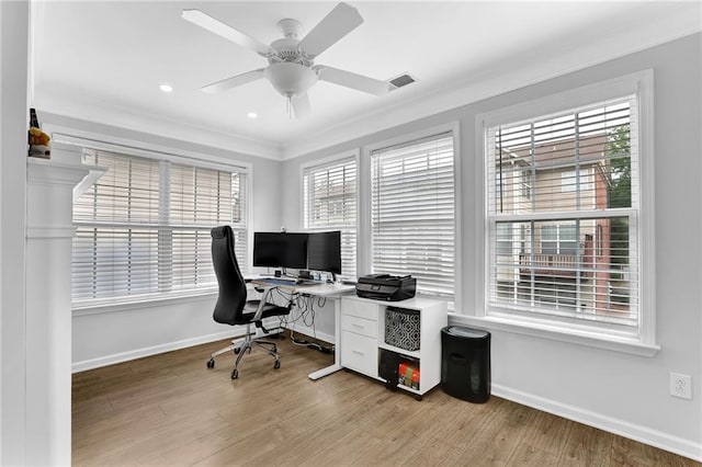 2207 Concordia Way SE Unit 12, Mableton, GA 30126 - office area with ornamental molding, baseboards, light wood-style floors, a ceiling fan, and recessed lighting