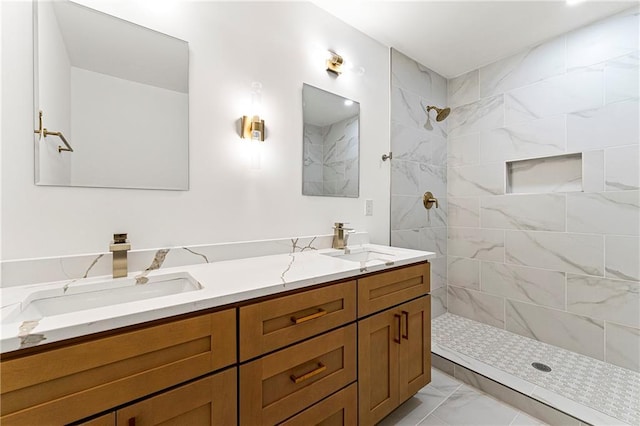 2146 Trailwood Rd, Decatur, GA 30032 - full bath featuring a tile shower, double vanity, marble finish floor, and a sink