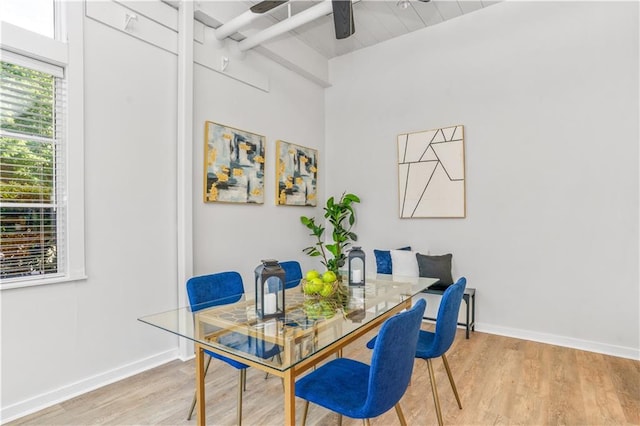 572 Edgewood Ave SE Unit # 106, Atlanta, GA 30312 - dining room featuring baseboards, a ceiling fan, beamed ceiling, and light wood-style flooring
