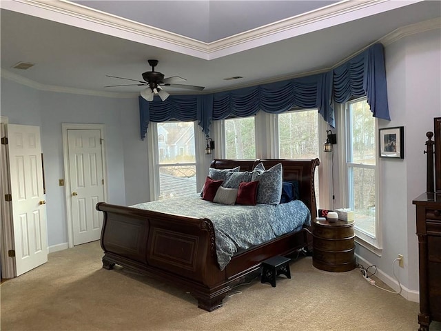 bedroom featuring access to outside, light carpet, crown molding, and ceiling fan