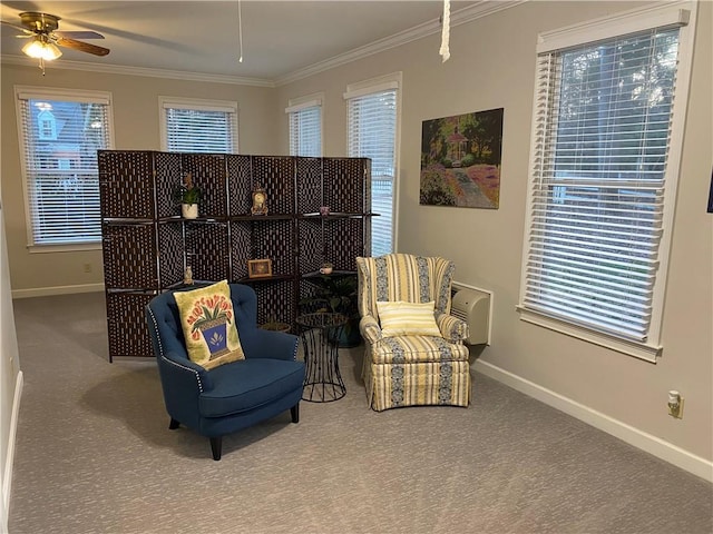 living area featuring carpet, ceiling fan, and ornamental molding