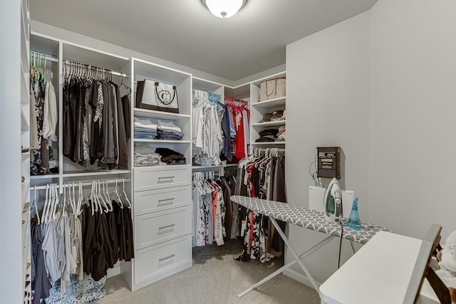 spacious closet featuring light colored carpet