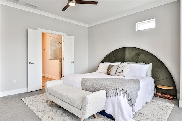 bedroom with visible vents, crown molding, ceiling fan, baseboards, and carpet floors