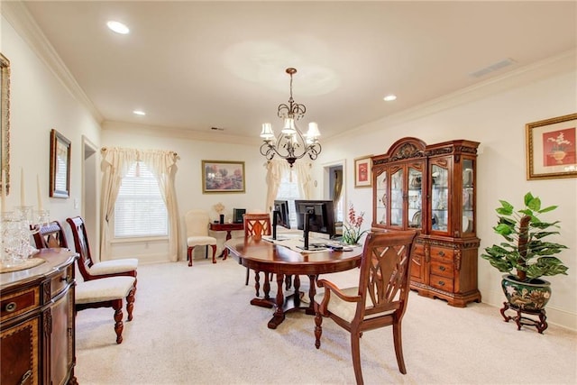 dining space featuring crown molding, light carpet, and a chandelier