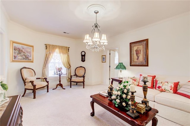 living room with a notable chandelier, light carpet, and ornamental molding