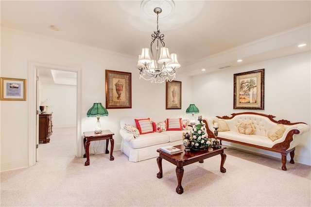 living room with crown molding, light colored carpet, and an inviting chandelier