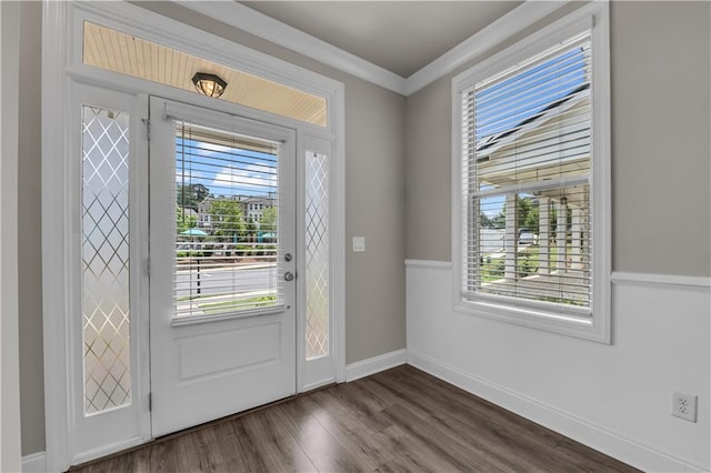1179 Bennett Creek Overlook, Suwanee, GA 30024 - doorway to outside with dark wood-style floors, ornamental molding, and baseboards