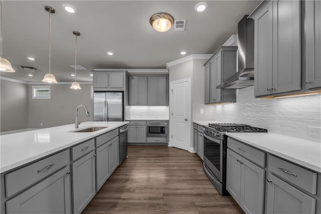 1179 Bennett Creek Overlook, Suwanee, GA 30024 - kitchen featuring stainless steel appliances, gray cabinets, a sink, wall chimney exhaust hood, and ornamental molding