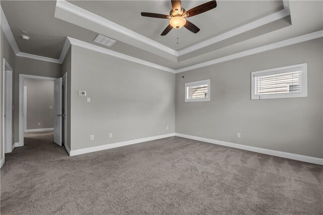 1179 Bennett Creek Overlook, Suwanee, GA 30024 - carpeted empty room featuring ceiling fan, a tray ceiling, baseboards, and crown molding