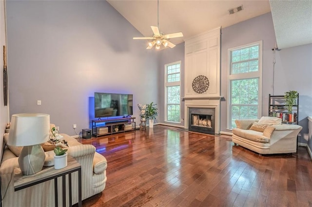 2022 Maple Ridge Dr NW, Acworth, GA 30101 - living area with high vaulted ceiling, ceiling fan, hardwood / wood-style floors, and a large fireplace
