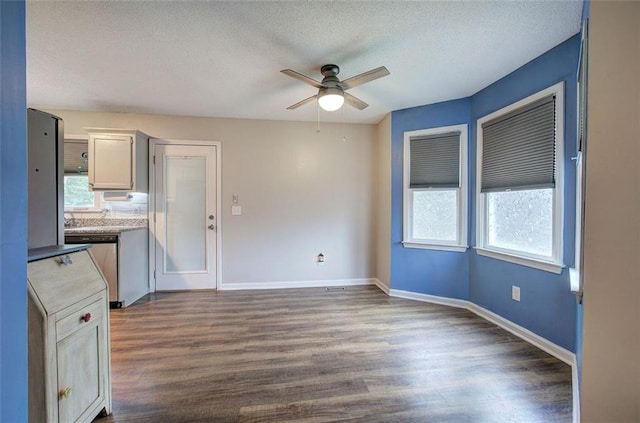 80 Broadlands Dr, White, GA 30184 - kitchen featuring a ceiling fan, a textured ceiling, dark wood-style floors, dishwasher, and white cabinets