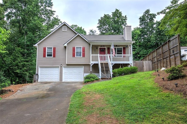 80 Broadlands Dr, White, GA 30184 - ranch-style home with asphalt driveway, a chimney, a garage, stairs, and a porch