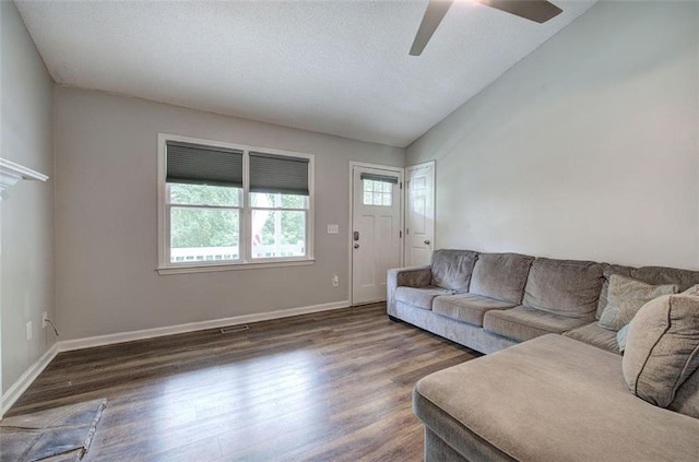 80 Broadlands Dr, White, GA 30184 - living area featuring wood finished floors, a ceiling fan, vaulted ceiling, and a textured ceiling