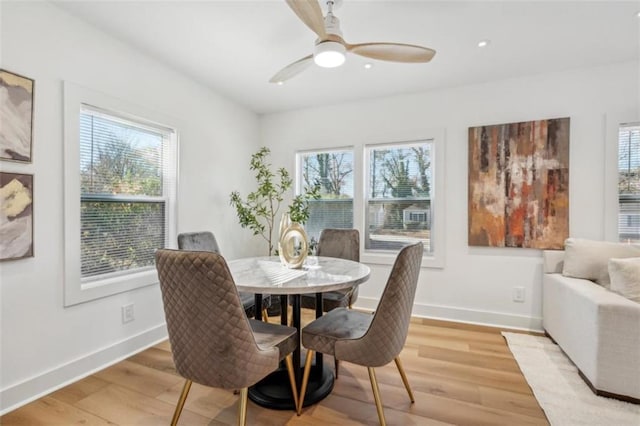 dining space featuring light hardwood / wood-style flooring and ceiling fan