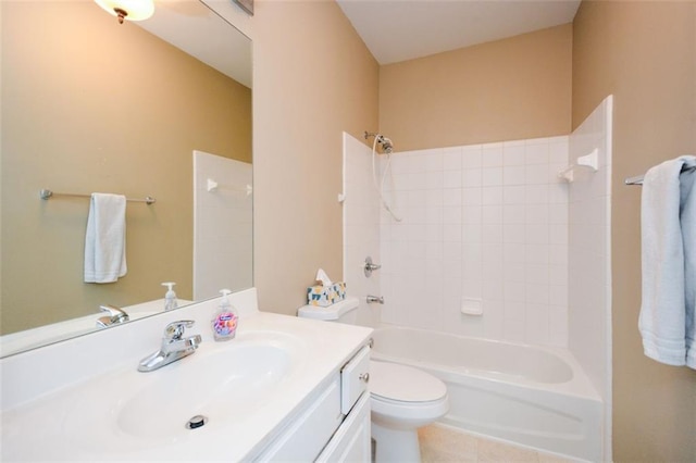 full bathroom featuring tile patterned flooring, vanity, bathtub / shower combination, and toilet