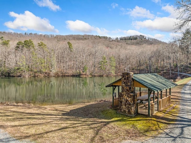 exterior space with a view of trees and a water view