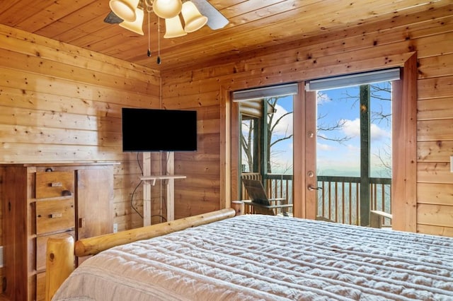 bedroom with access to exterior, wooden walls, and wood ceiling