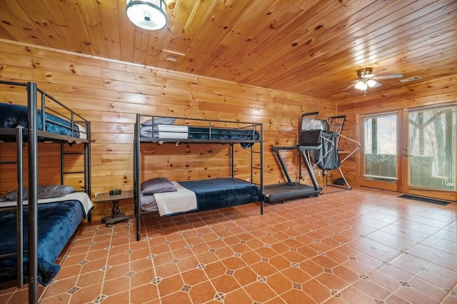 bedroom with wooden walls and wooden ceiling