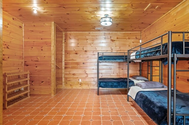 bedroom featuring wood ceiling and wood walls