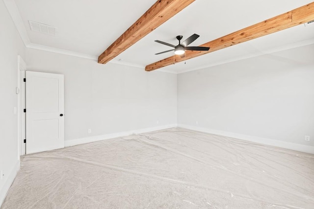 spare room with beam ceiling, visible vents, ornamental molding, a ceiling fan, and baseboards