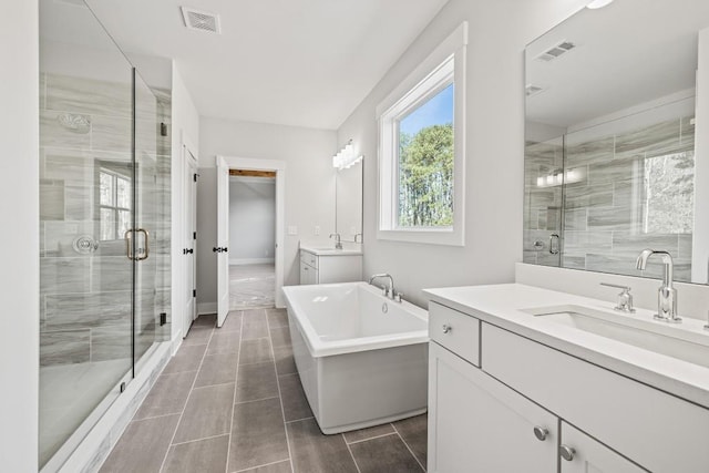 full bath featuring a stall shower, visible vents, two vanities, and a sink