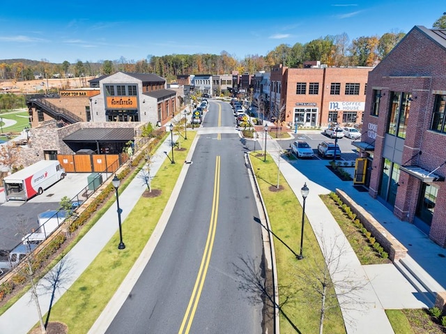 view of street with curbs, sidewalks, and street lights