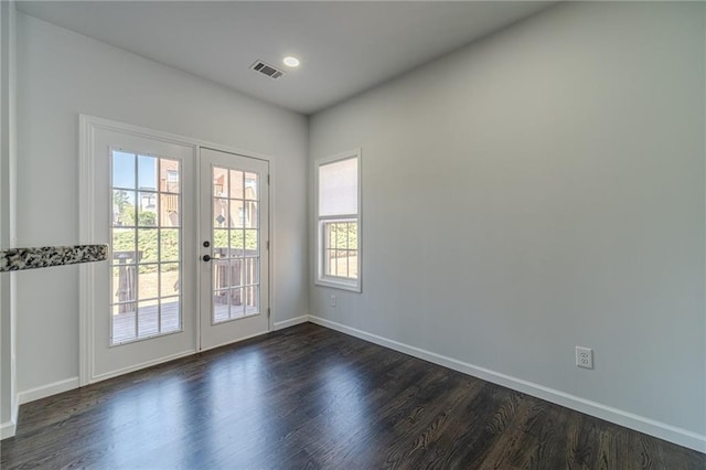 2164 Mill Garden Run, Buford, GA 30519 - doorway with dark wood-style floors, visible vents, french doors, and a healthy amount of sunlight