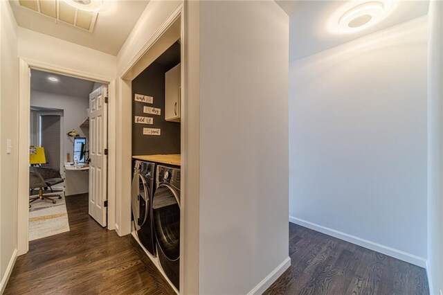 2164 Mill Garden Run, Buford, GA 30519 - hallway with separate washer and dryer, dark wood-style flooring, baseboards, and visible vents