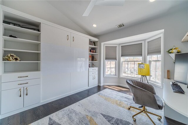 2164 Mill Garden Run, Buford, GA 30519 - office area featuring visible vents, baseboards, dark wood-style floors, recessed lighting, and vaulted ceiling