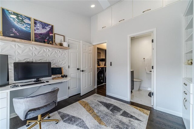 2164 Mill Garden Run, Buford, GA 30519 - home office with dark wood-type flooring, washer / clothes dryer, baseboards, and recessed lighting