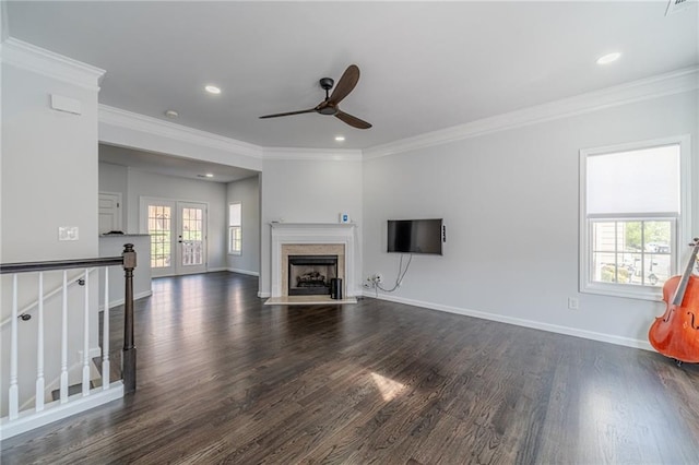 2164 Mill Garden Run, Buford, GA 30519 - unfurnished living room with dark wood-style flooring, baseboards, and ceiling fan