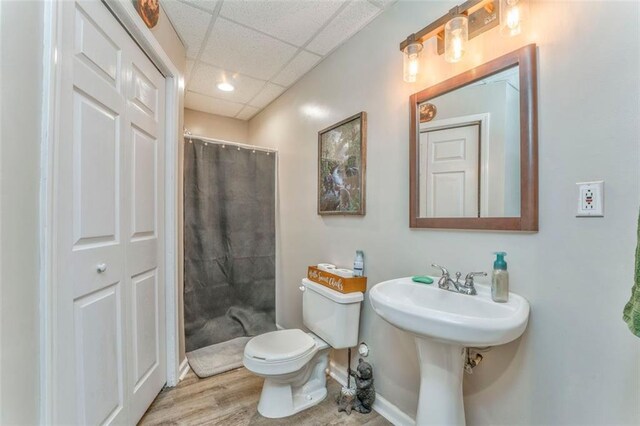 full bath with a shower with curtain, wood finished floors, baseboards, a paneled ceiling, and toilet