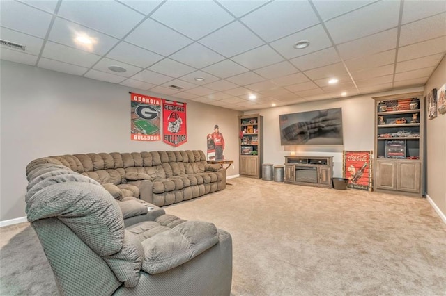 living area with recessed lighting, carpet, visible vents, and baseboards