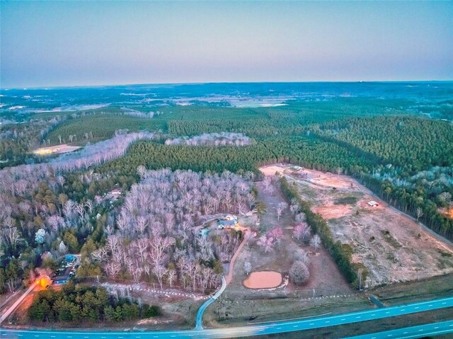 drone / aerial view with a wooded view