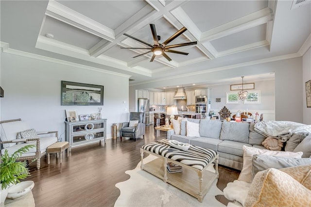 4578 Big Rock Ridge Trl, Gainesville, GA 30504 - living room with a ceiling fan, dark wood-type flooring, beam ceiling, coffered ceiling, and a chandelier
