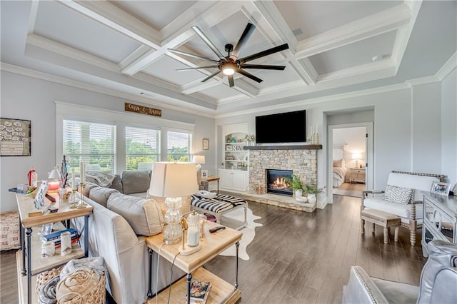 4578 Big Rock Ridge Trl, Gainesville, GA 30504 - living room featuring a ceiling fan, a fireplace, wood finished floors, beamed ceiling, and coffered ceiling