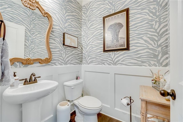 4578 Big Rock Ridge Trl, Gainesville, GA 30504 - half bathroom with wallpapered walls, a decorative wall, wood finished floors, and wainscoting